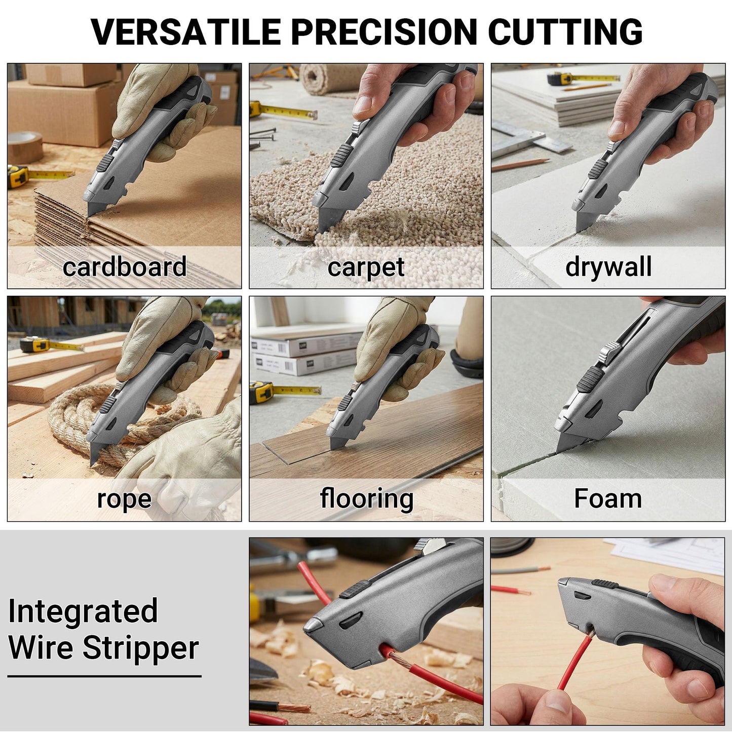 Box Cutter Retractable with Built-In Blade Storage & Wire Stripper, Heavy-Duty Utility Knife safety, Metal Alloy Body, Ergonomic Non-Slip Rubber Grip, Quick Change Blade Razor Knife (Matte Gray)