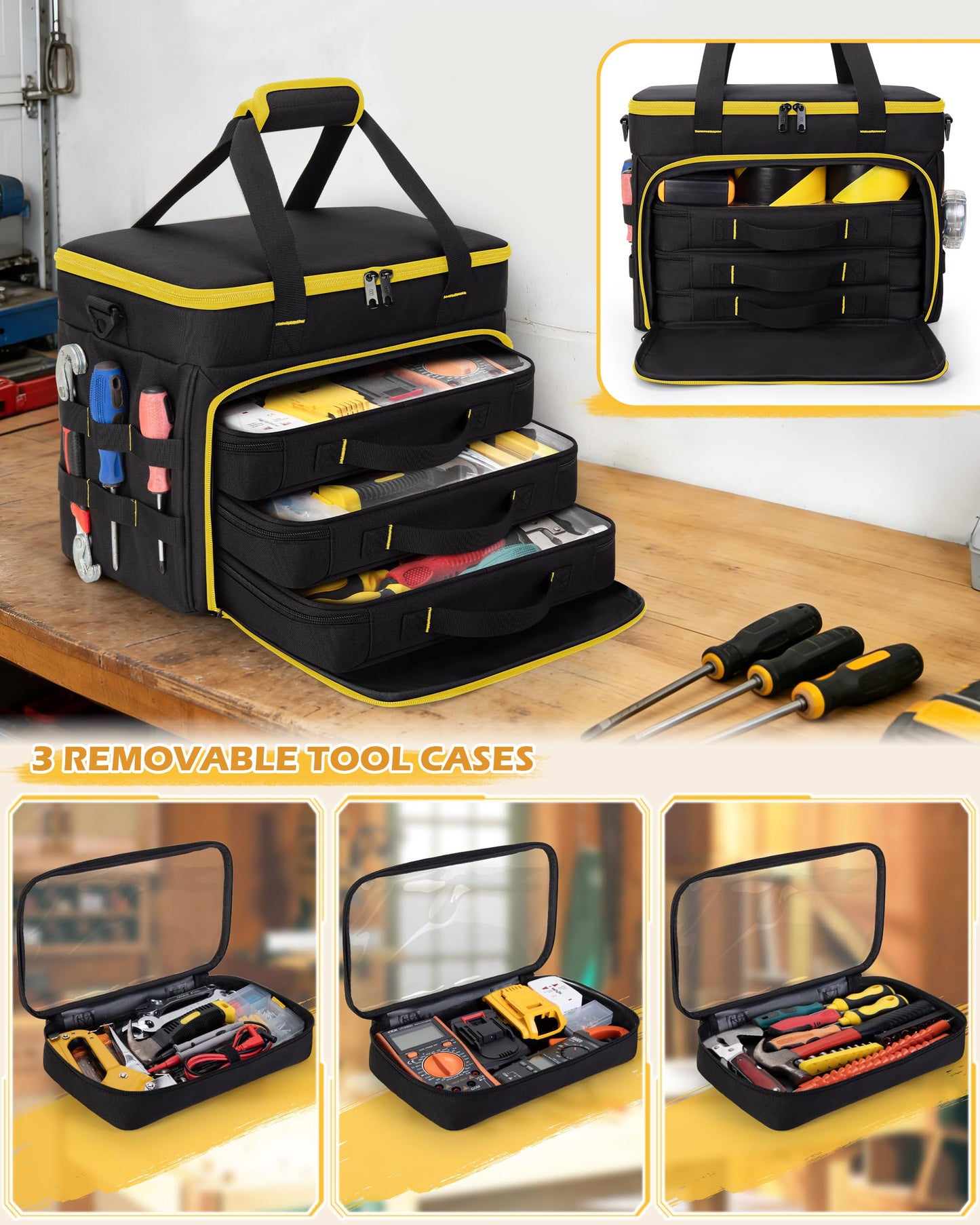 Marscamd 2 Layers Tool Bag with 3 Clear Window Removable Cases, Heavy Duty Tool Tote with Molle Webbing and Detachable Shoulder Strap, Black/Yellow