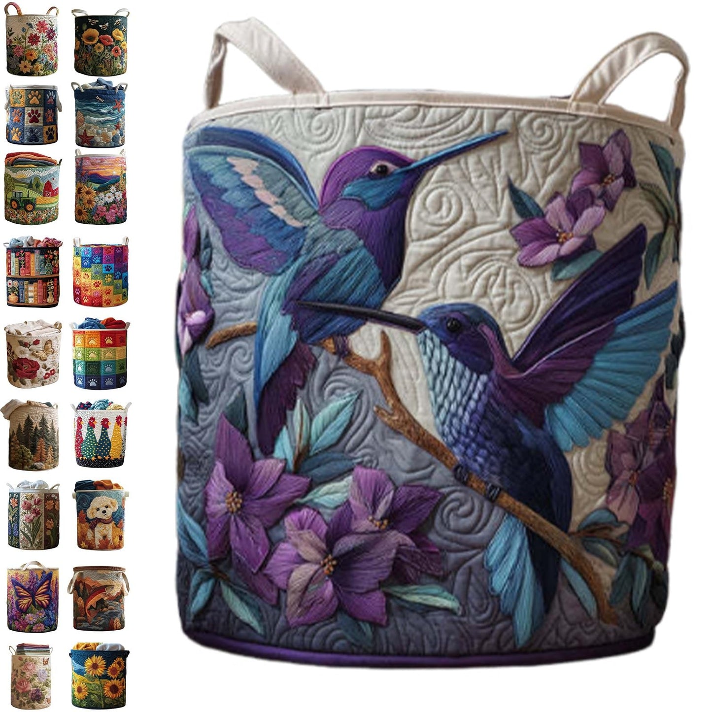 Quilted Laundry Baskets, Large Floral Boho Fabric Storage Hamper with Handles, Collapsible Soft Clothes Organizer Tote for Nursery House Styling, Portable Bedroom Washing Container