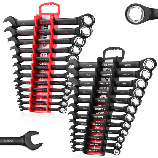 ARROW 24PCS Ratcheting Wrench Set Metric and Standard, Anti-Slip 6-18mm & 1/4"-3/4" Combination Ratchet Wrench Set with 2 Magnetic Tool Holders, CRV Material, 72-Teeth, Easy to Carry & Store