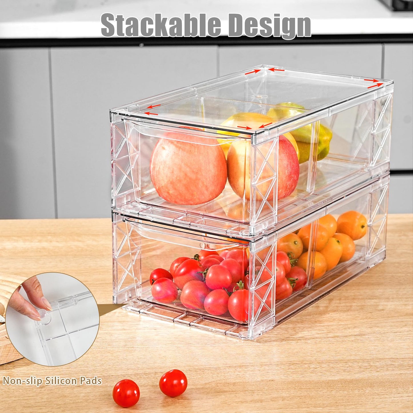 Clemate 6Pack Pantry Organizers and Storage,Clear Stackable Kitchen Storage Organizer,Foods Organizer Bins with Handles, Easily Assemble for Bathroom, Kitchen, Refrigerator, Pantry, Cabinet, Closet