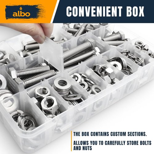ALBO 300 pcs Hex Head Bolts and Nuts Grade 5 Zinc Plated 1/4-20, 5/16-18, 3/8-16 Nut and Bolt Set with Flat and Spring Washers in Case
