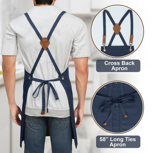 RUVANTI Work Aprons for Men, Oil & Water Repellent, PolyCotton Cross Back Aprons for Women with Pockets, Adjustable up to XXL, Chef Aprons for Cooking, Grilling, Welding, Woodworking - Blue Aprons