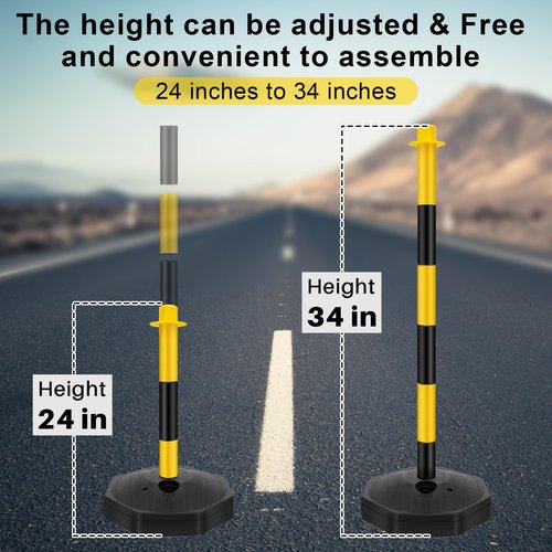 Konohan 12 Sets 34 Inch Parking Cone Delineators Post Traffic Cone Plastic Stanchion Set Stands Parking Barrier with Base 6.6 ft Chain S Hooks Reflective Collar for Crowd Control Construction, Yellow