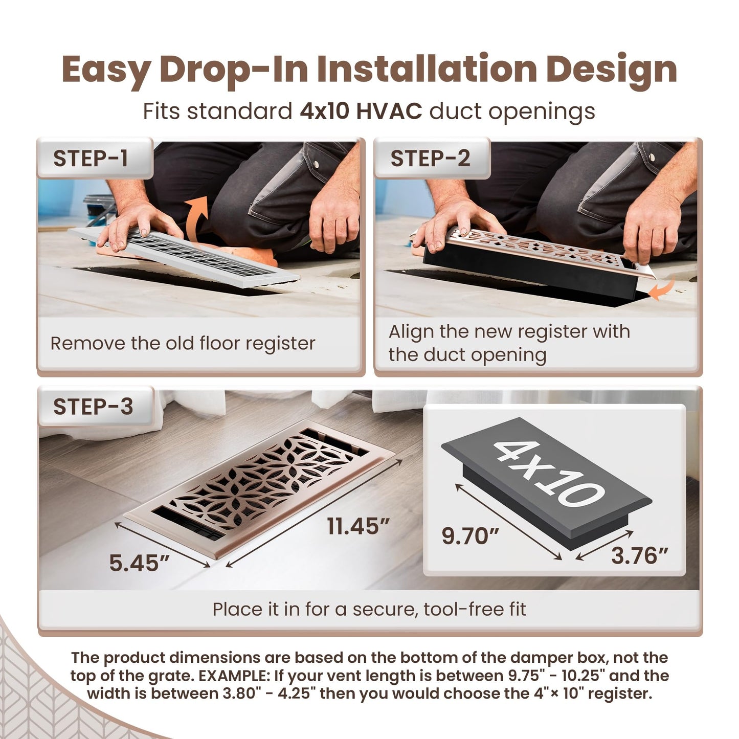 Floor Vent Covers – 4x10 Floor Register – Heavy-Duty Steel, Rustproof & Walkable Grates, Drop-in Install, Adjustable Airflow – Decorative (Floral Satin Rose Bronze, 8 Pack)
