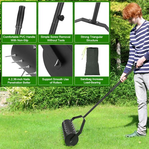 Yosuny 18-inch Rolling Lawn Aerator Tool, 50"-70" Handle Heavy Duty Spike Aerator with Sandbag, 40 Iron Spikes Tighten with Patience, Manual Rolling Aerator Lawn for Yard Garden