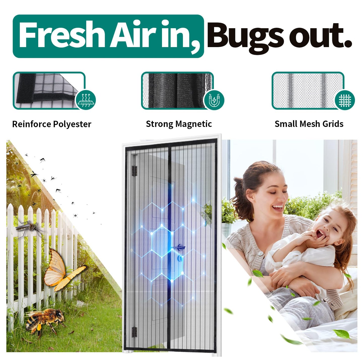 CLOPOMIC Magnetic Screen Door 36x80 Inch, Heavy Duty Door Screen Mesh with Magnetic Closure, Easy Install Hands-Free Screen for Sliding & Front Door, Pet & Kid Friendly, Keep Bugs Out