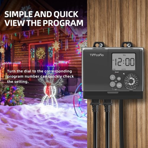 TiFFCOFiO New Digital Outdoor Timer Waterproof, Dial Programmable Method, Outdoor Pool Pump Timer with 2FT Extension Cord, 2 Grounded Electrical Outlets for Lights, 6 Sets of Programs, 20A/2500W