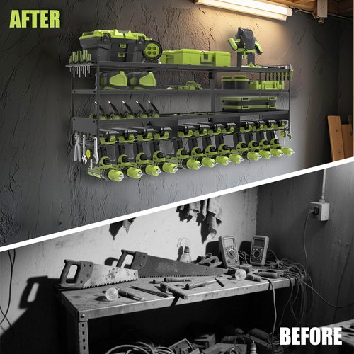 50''W Large Power Tool Organizer Wall Mount, Heavy Duty 4 Tier 12 Drill Holder Loads 600lbs, Garage Tool Organizer and Storage, Suitable Tool Rack for Workshop, Workbench
