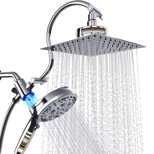 Dual Filtered Shower Head with Handheld and Magnetic - 8'' Square Rain Shower Head High Pressure with Handheld Combo, 8+2-Spray Magnetic Detachable Showerhead with Power Jets, Chrome