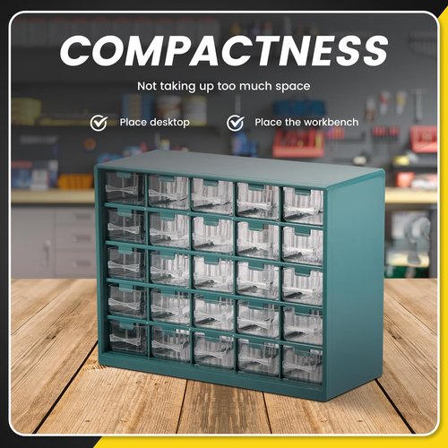 25 Grids Drawer Parts Cabinet, Screw Organizer, Hardware Storage Organizer, Bead Organizer, Teacher Toolbox, Plastic Drawer Storage for Hardware Crafts, Small Parts, Nuts, Bolts (Deep Green)