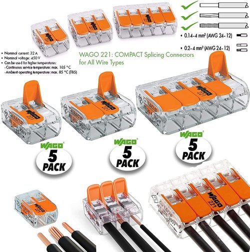Wago 2, 3, 5 Port Splicing Connectors, Lever-Nut Assortment Pocket Pack for 12-24 AWG Wire