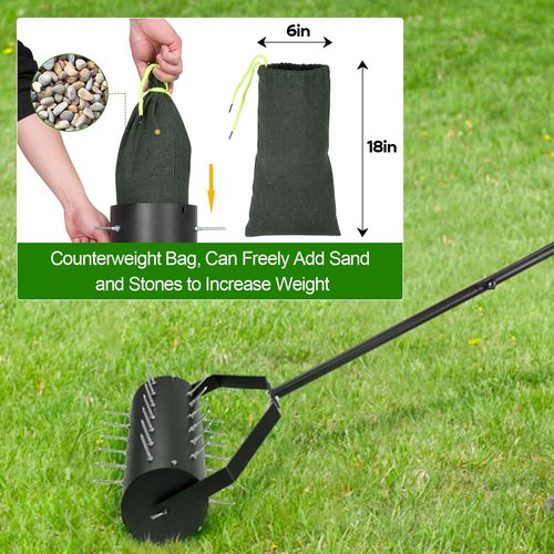 Yosuny 18-inch Rolling Lawn Aerator Tool, 50"-70" Handle Heavy Duty Spike Aerator with Sandbag, 40 Iron Spikes Tighten with Patience, Manual Rolling Aerator Lawn for Yard Garden