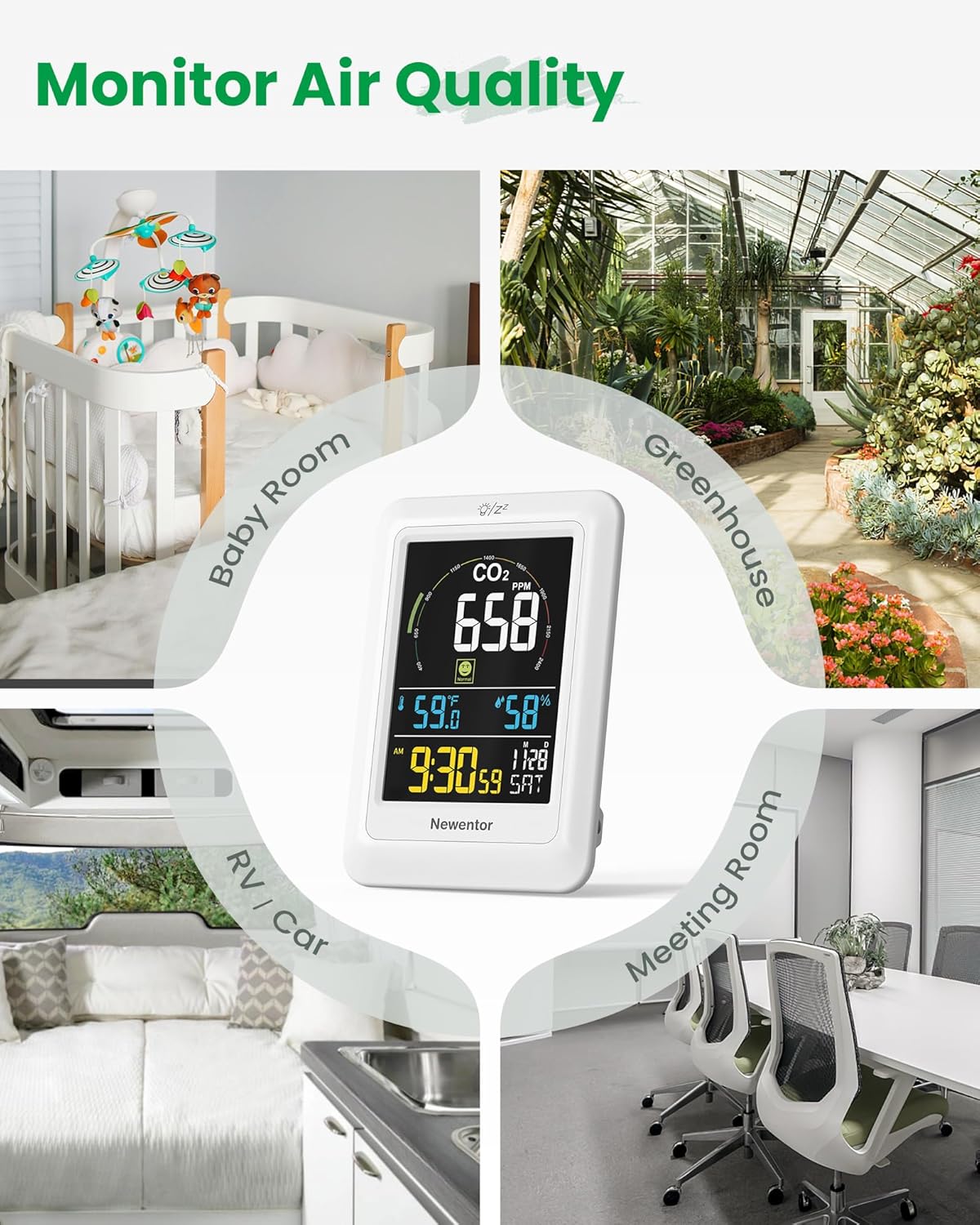 Newentor CO2 Monitor, Indoor Air Quality Meters, Carbon Dioxide Detector with Voice Alert, Large Display CO2 Tester, Temperature Humidity Sensor, Alarm Clock for Home, RV, Grow Tents, Black