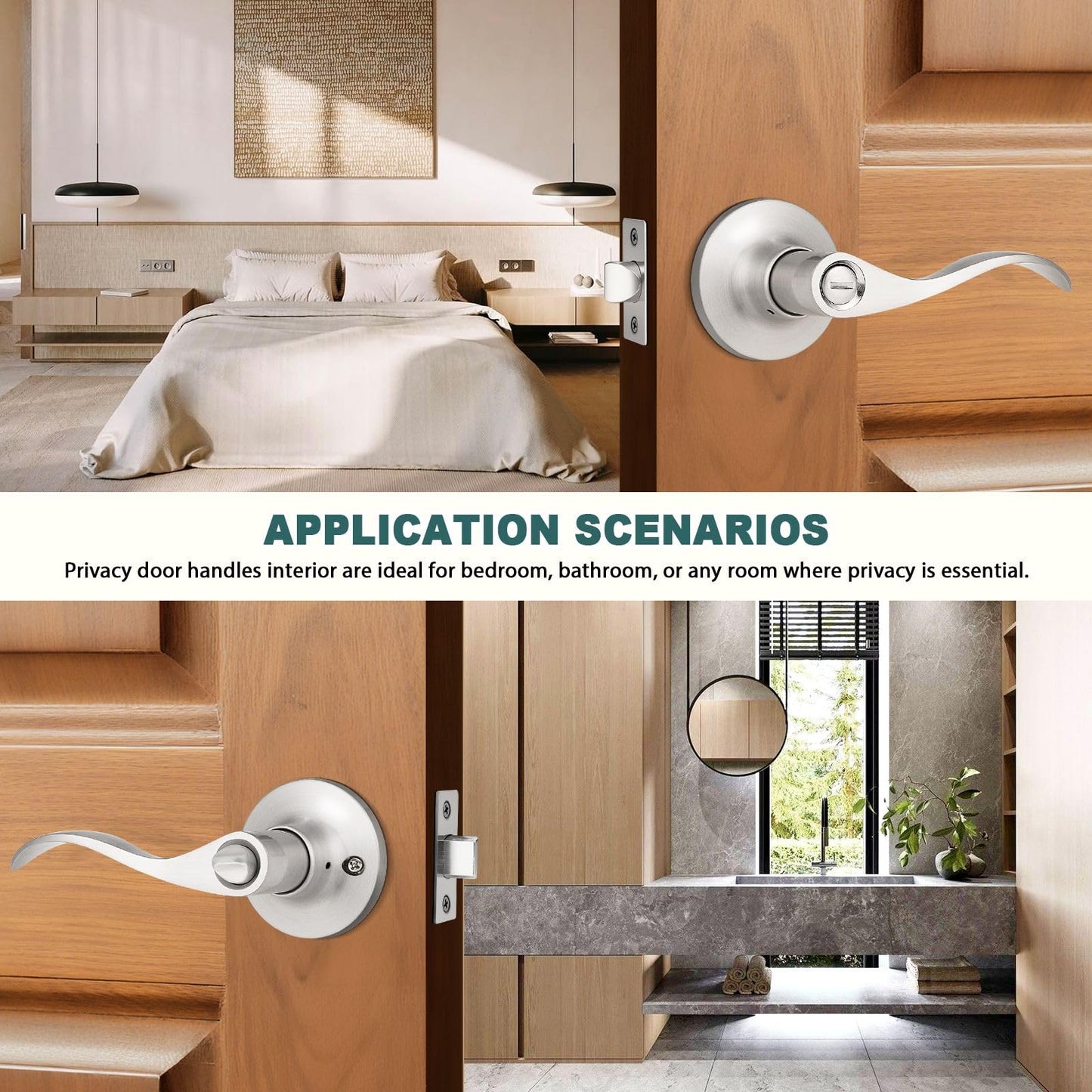 GOBEKOR 10 Pack Privacy Door Levers Bedroom Door Handle with Lock Satin Nickel Interior Door Handles Keyless Door Lock Wave Bed/Bath Lever