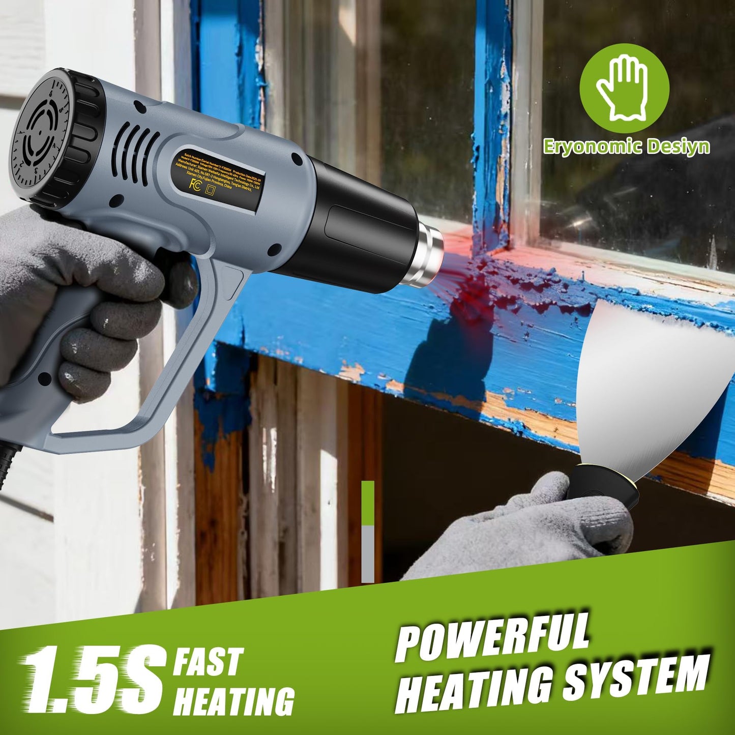 Weitieke Heat Gun, 10Ft power cord Heavy Duty Hot Air Gun 572&1112℉ Dual Temperature Control 4 Nozzels & Paint Scraper Overload Protection for Paint Stripping,Crafting, vinyl wrap
