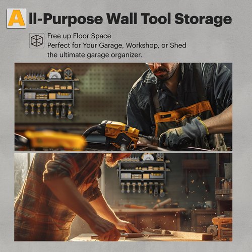 Spampur Power Tool Organizer Wall Mount with Charging Station, 4 Layer 8 Slots Cordless Drill Holder for Garage Storage, Utility Racks Max 420lbs Load With 6 Outlet Power Strip for Fathers Men Gift