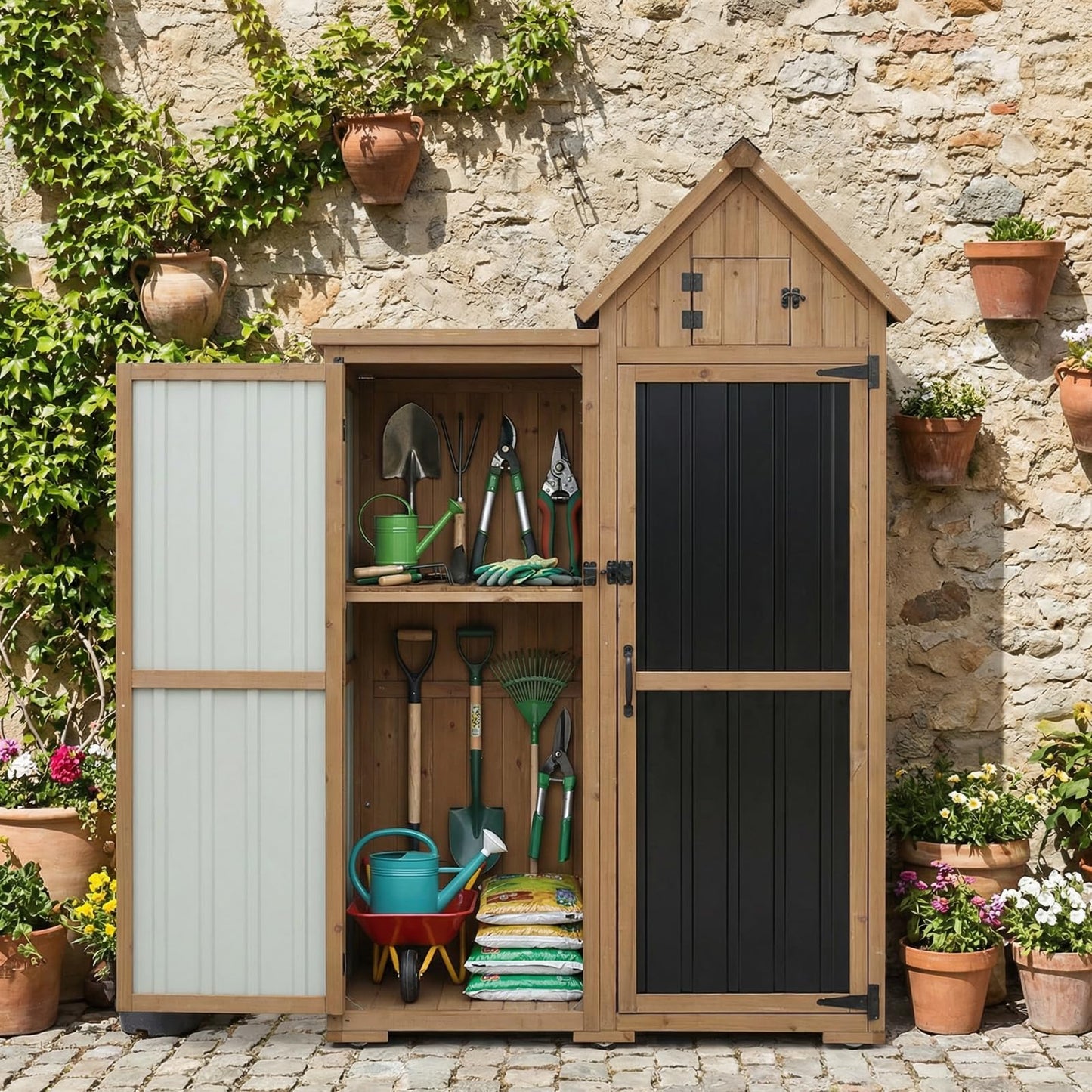 Outdoor Storage Cabinet Weatherproof with 3 Adjustable Shelves, 66'' H Wood & Metal Storage Shed with Lockable Doors & Waterproof Roof, Outside Garden Tool Sheds, Brown