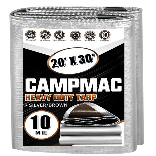 CAMPMAC Tarps Heavy Duty Waterproof 20x30 Ft, 10 Mil Thick, High Durability, Rip, UV Resistant and Tear Resistant with Metal Gromets Every 20 Inches (Silver/Brown - Reversible)