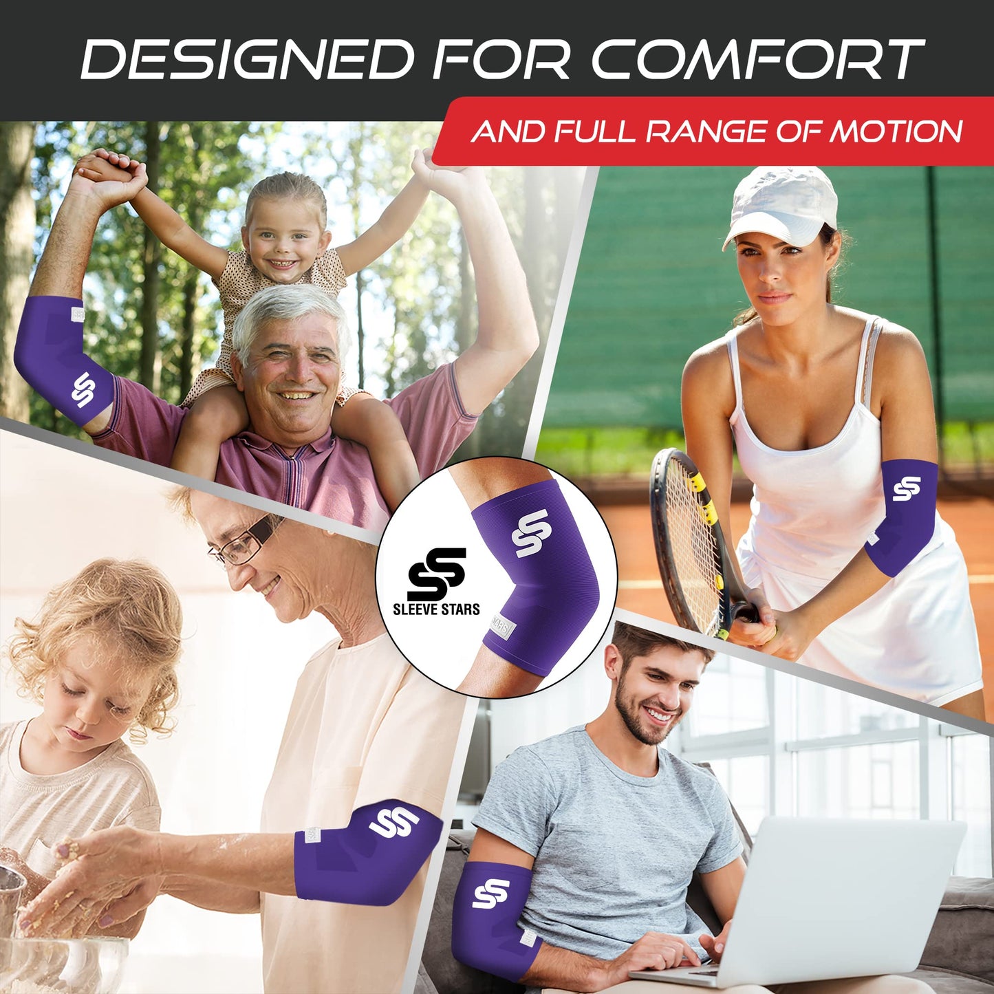 Sleeve Stars Elbow Sleeve for Pain Relief & Protection - Elbow Compression Sleeve for Women & Men - Supportive Elbow Brace for Tendonitis, Recovery & Ideal for Sports, Work (S: 7"-8.5", Dark Purple)
