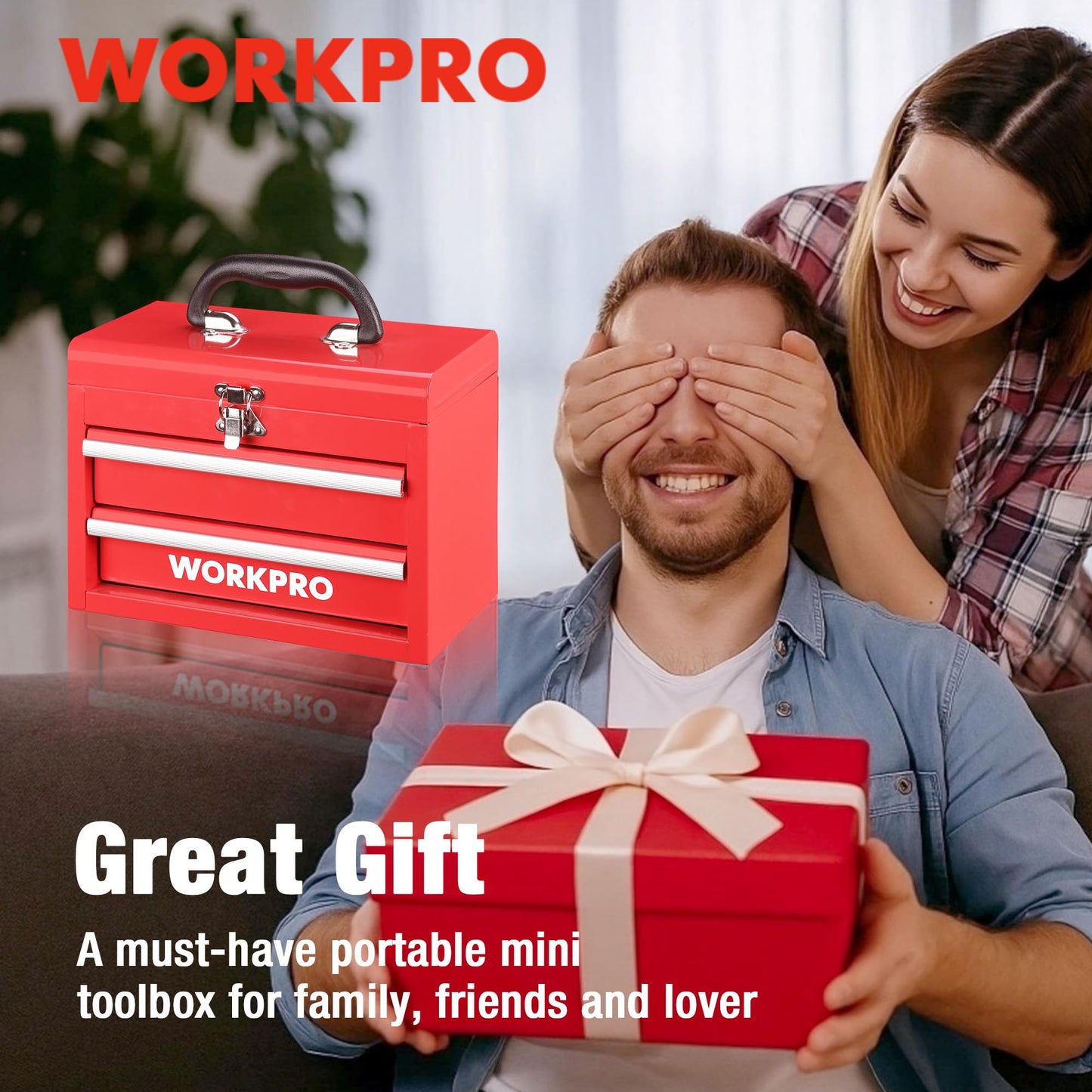 WORKPRO Portable Mini Tool Box, 2 Drawers Metal Tool Chest with Ball Bearing Slides, Top Storage and Lockable Latches, Ergonomic Carrying Handle, Mechanic Toolbox with PVC Liners and PP Feet Pads