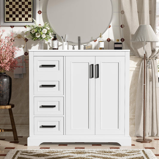 LUMISOL 36" Bathroom Vanity with Sink, Modern White Bathroom Vanity with Left Side 3 Drawers, Soft-Close Doors & Adjustable Shelf, Solid Wood Bathroom Cabinet with Ceramic Sink and Top, White