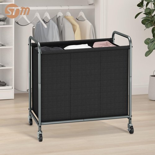 STORAGE MANIAC Rolling Laundry Hamper, 165L Laundry Basket with Lockable Wheels, Triple Clothes Sorter Cart, 3 Bag Clothes Separator Hamper for Closet, Bathroom, Laundrys Room, 3 Section Black