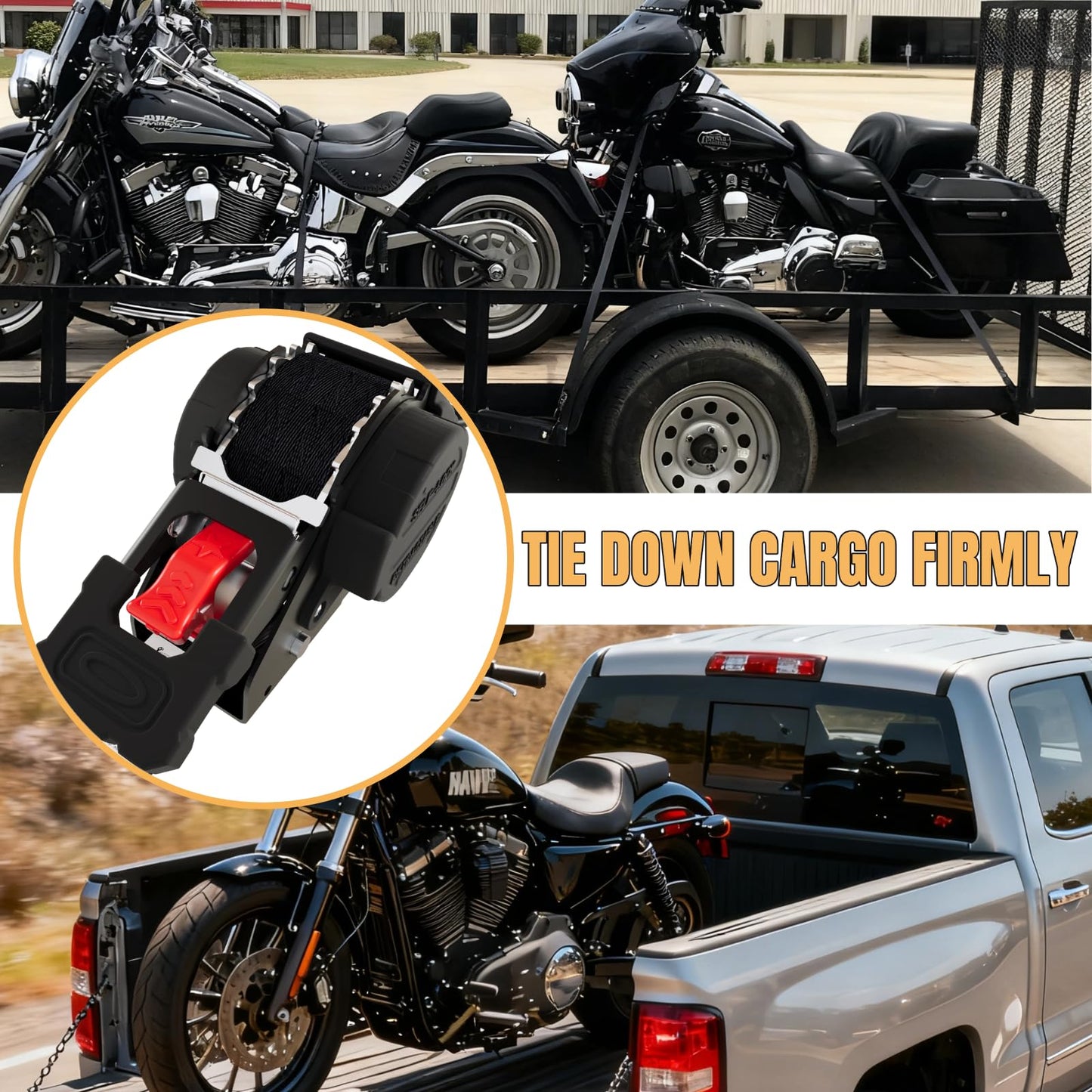 Renegrip Retractable Ratchet Straps Heavy Duty Tie Down 1''*12ft Breaking Strength 1760LBS Cargo Securing System,for Motorcycle,UTV,ATV,Trailer(Black,4Pack)