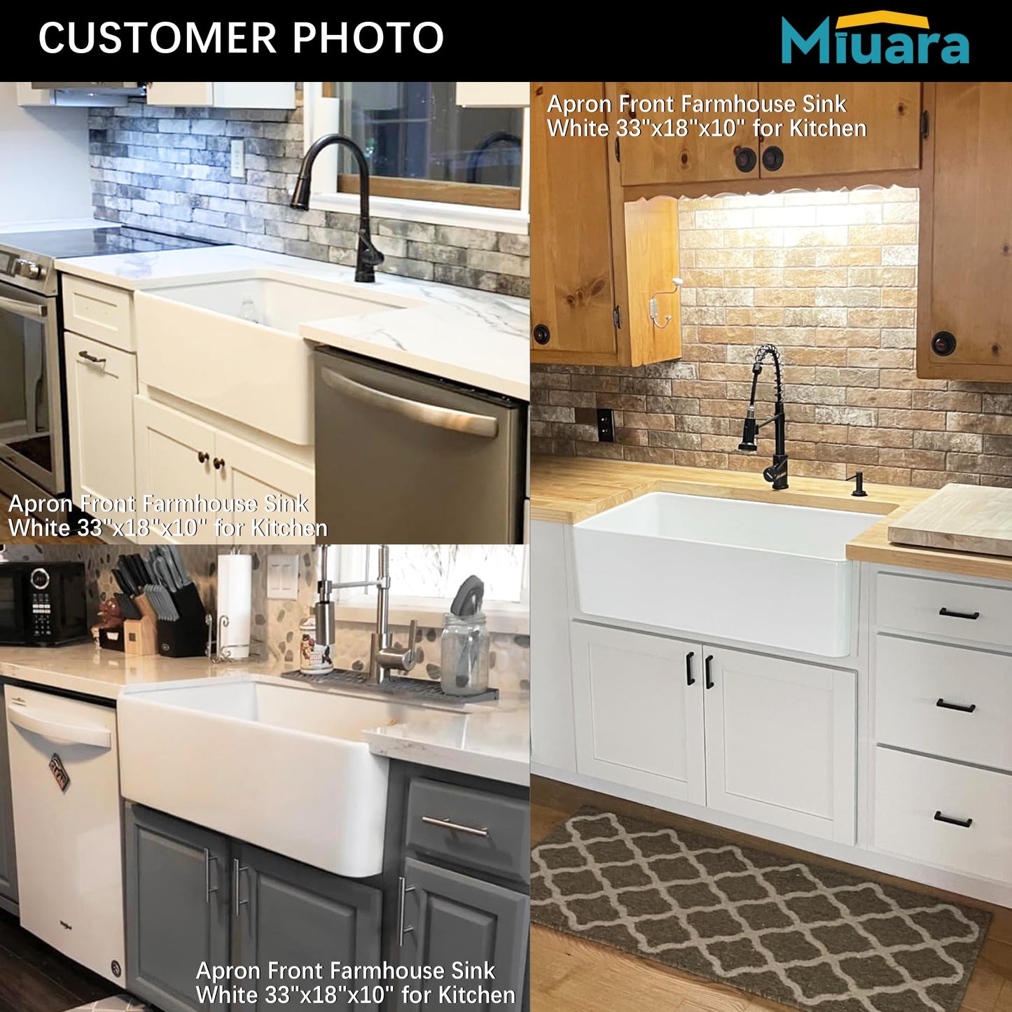 ﻿Miuara Farmhouse Sink 33 Inch - Apron Front Kitchen Sink Reversible 33"x18"x10", Undermount Installation, Farm House Style Single Bowl, Solid Fireclay, Glossy White, for Kitchen