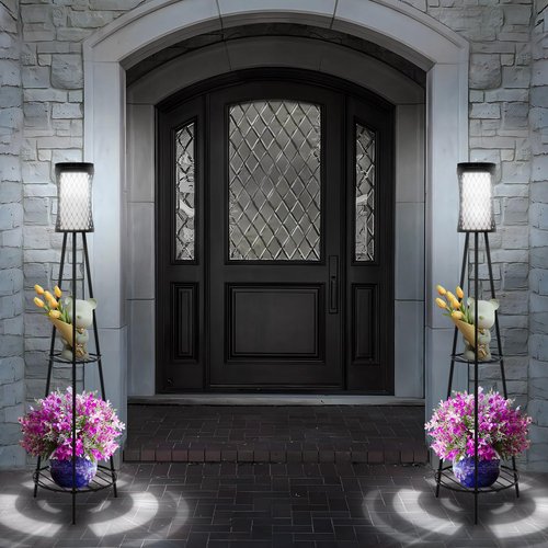 Aialun Outdoor Solar Floor Lamps with USB Charging, 45.67 Inch Tall Double Plant Stand Outside Floor Lamps, Warm & White 3 Modes Standing Decor Lights for Patio, Porch, Deck, Yard, Garden, 2 Pack