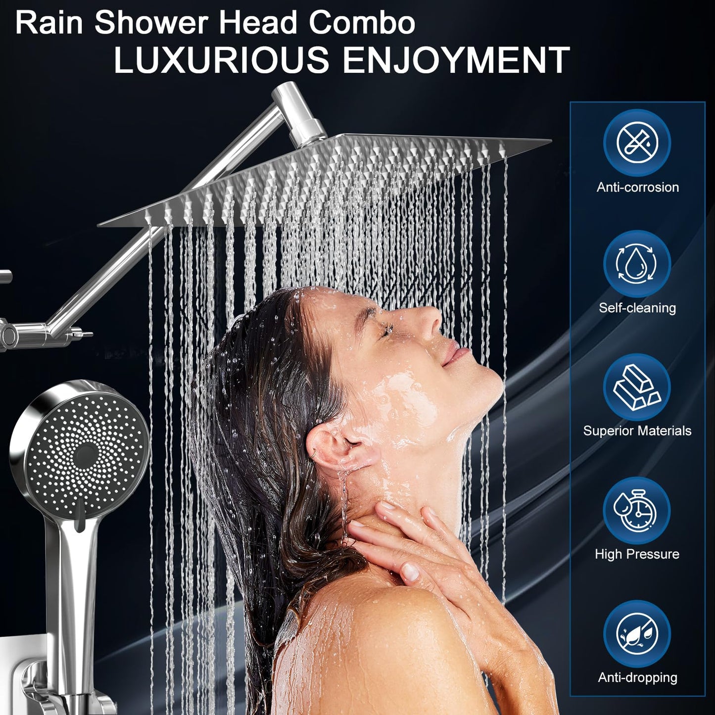 Shower Head, Rain Shower Head with Handheld Spray Combo, 10 Inch Adjustable High Pressure Rainfall Shower Head, Dual Showerhead Set with Extension Arm and 60 Inch Long Shower Hose (Silver)