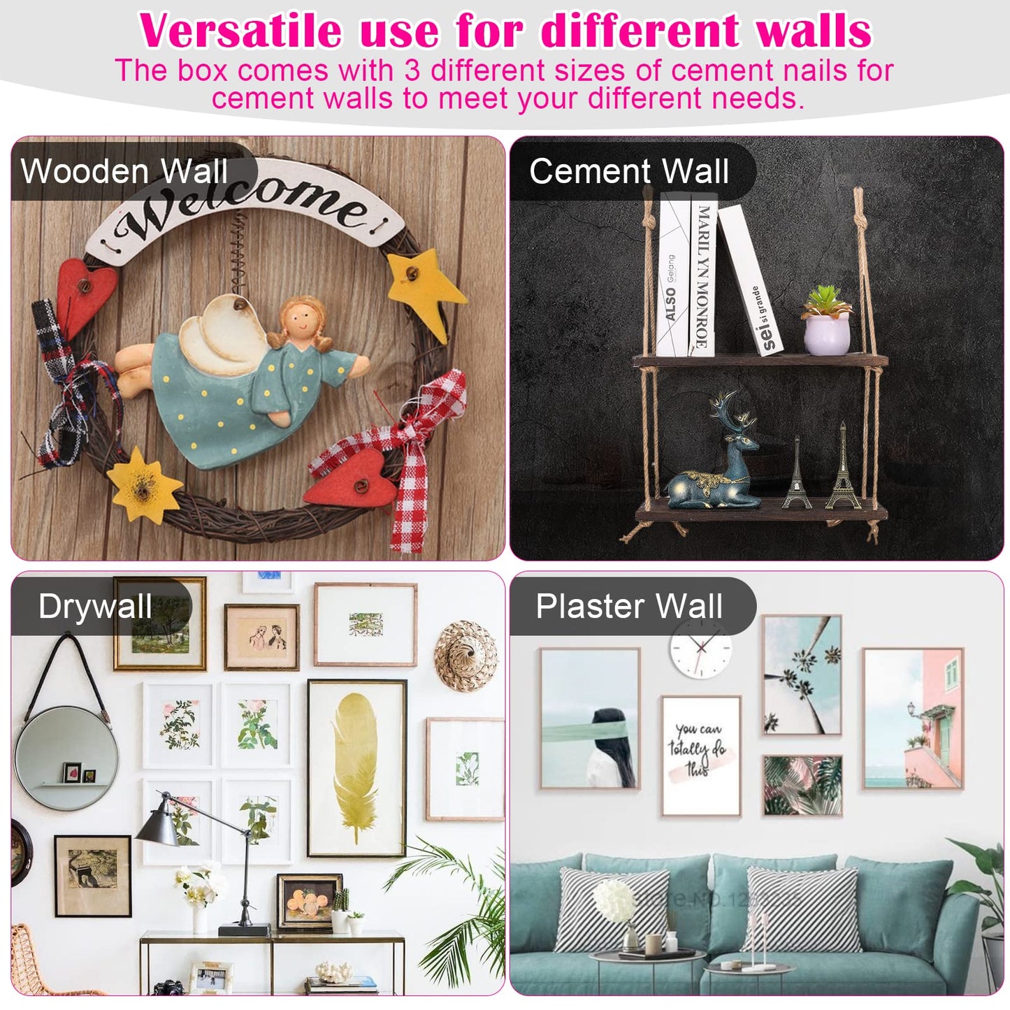TOYIEW Picture Hanging Kit, 315pcs Hanging Hardware with Hooks, Wire, Nails, D Ring, Wall Hanging Kit with Hangers, Magnetic Level and Small Pink Claw Hammer, nails for hanging pictures for Home Decor