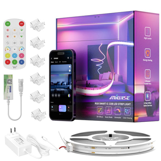 MIWISE LED Strip Lights,RGB Smart IC COB LED Strip Light Color Chasing,24ft Multicolor Flexible LED Tape Light,Music Sync with APP Control,Addressable DIY 16M Colors,for Cabinet,Bedroom,Party Decor
