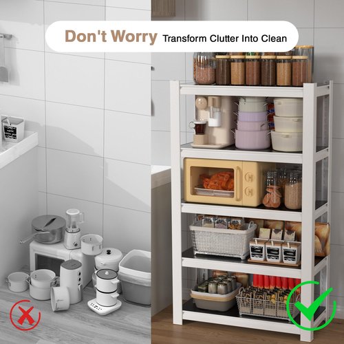 WORKPRO House 5-Tier Shelving Unit, 3000lbs Adjustable Storage Shelves, Boltless Book Shelf, Shelf Organizer for Kitchen, Living Room, Bathroom, Wood Grain Pattern, Waterproof Board, 24-1/10"W, White