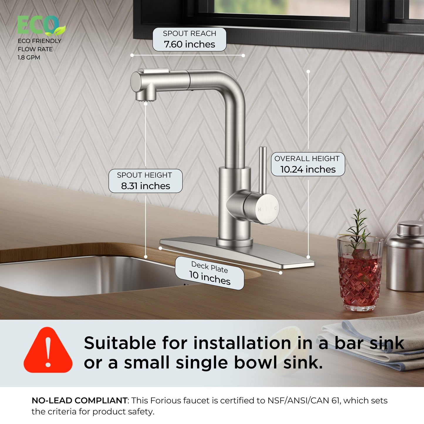 FORIOUS Modern Bar Sink Faucet Brushed Nickel, Stainless Steel Single Handle Small Kitchen Sink Faucet with Pull Out Sprayer, 360° Swivel Spout L-Shaped Design Suitable for Camper Outdoor Bathroom RV