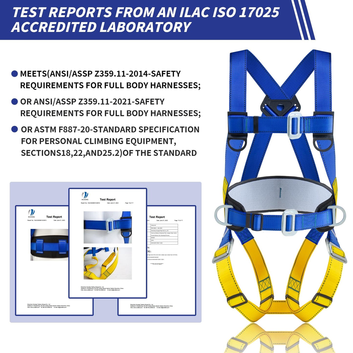Universal Full Body Fall Protection Safety Harness with Dorsal D-Ring and Mating Buckle Legs，roofing harness construction harness ANSI/ASSP Compliant,internal Shock Absorbing landyard&Hook