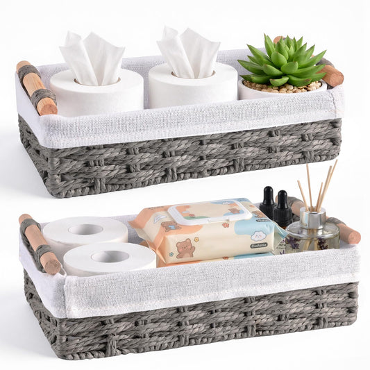 HomeHacks 2 Pack Storage Basket Paper Rope Baskets for Organizing with Handle Decorative Storage Bins for Countertop Toilet Paper Basket for Toilet Tank Top Large Baskets, Grey