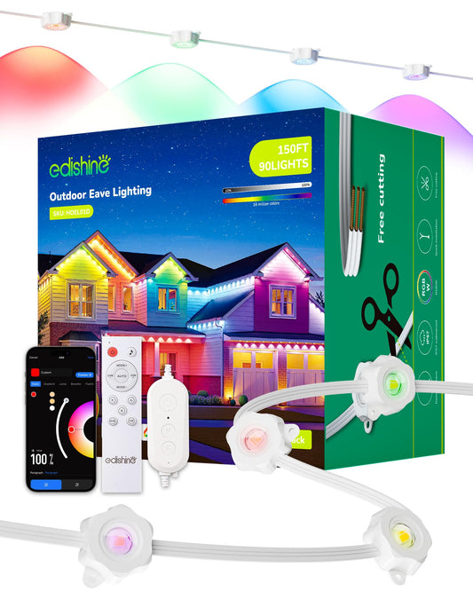 EDISHINE 150FT Cuttable Permanent Outdoor Lights Pro, 90 RGBIC Warm/White LED Eave Lights, 111+ Scene Modes House Lights Outdoor All Year, App/Voice/Remote, IP67 Waterproof for Party & Holiday Decor