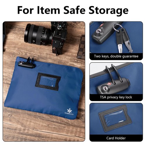 KOSMCCO Money Bag with Lock and Key, 11.8x8.6 Inch Heavy Duty Bank Deposit Bag, Secure Cash Pouch for Valuables, Durable Travel & Business Storage - Navy Blue