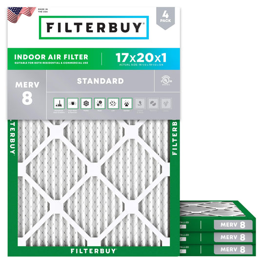Filterbuy 17x20x1 Air Filter MERV 8 Essential Dust & Allergy Defense (4-Pack), Electrostatic Pleated HVAC AC Furnace Filters Replacement, Made in USA (Actual Size: 16.50 x 19.50 x 0.75)