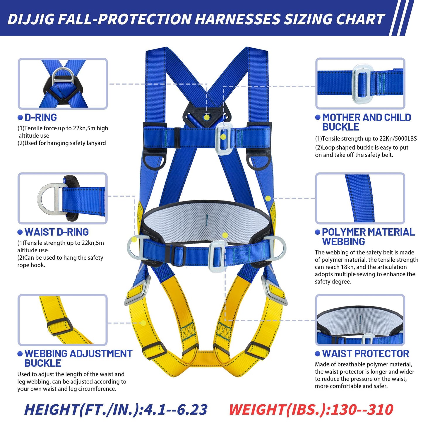 Universal Full Body Fall Protection Safety Harness with Dorsal D-Ring and Mating Buckle Legs，roofing harness construction harness ANSI/ASSP Compliant,internal Shock Absorbing landyard&Hook