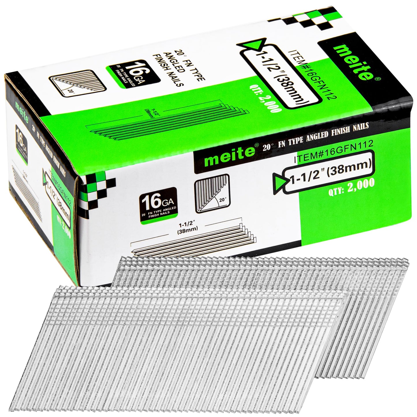 meite 16 Gauge 20 Degree Angled Finish Nails 1-1/2 Inch Leg Galvanized No-rust Finishing Nails for Finish Nailer Gun - Cabinet Crown Baseboard 4,000PCS