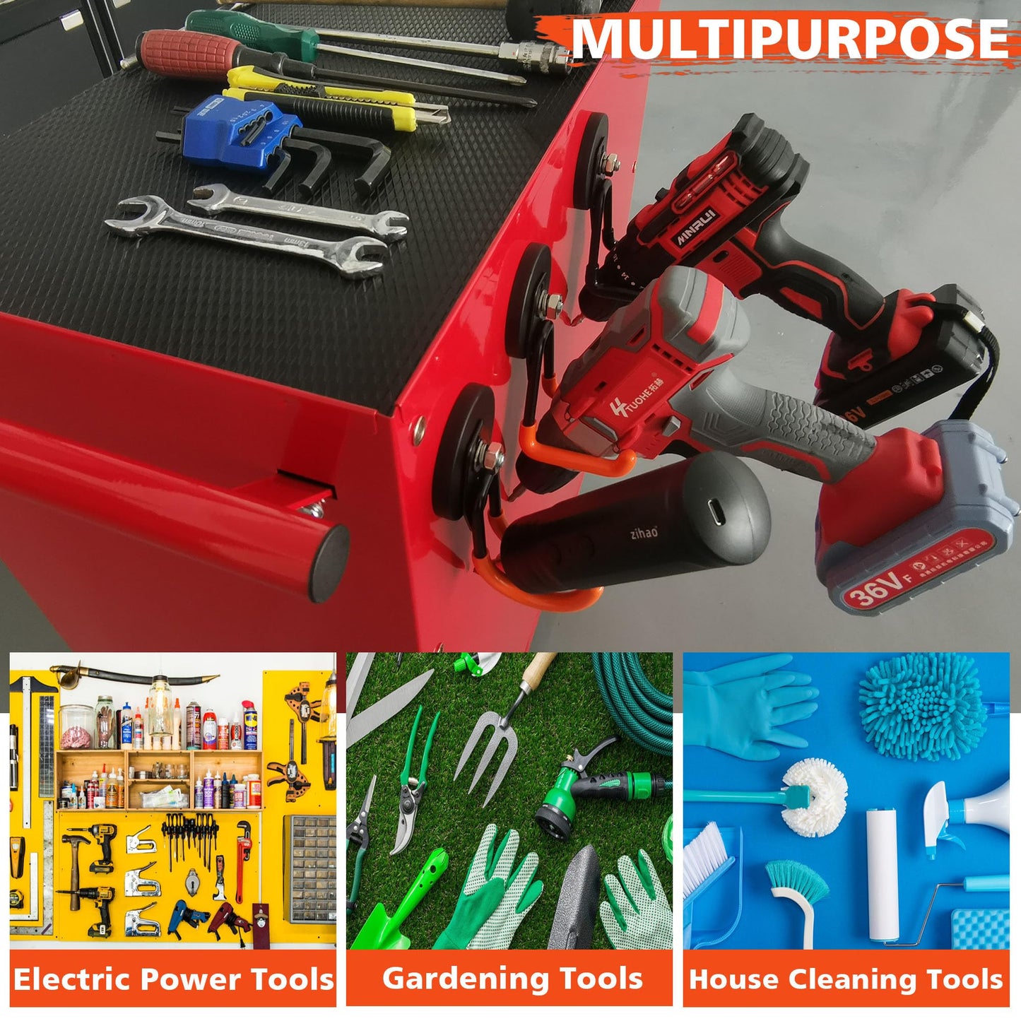 ULIBERMAGNET Heavy Duty Magnetic Garage Hooks,Strong Large Magnet Hooks for Power Drill,Garden Tools,Hose,Pegboard,Garage, Workshop,2 Pack Magnetic Storage Holder for Indoor Outdoor Hanging(Orange)