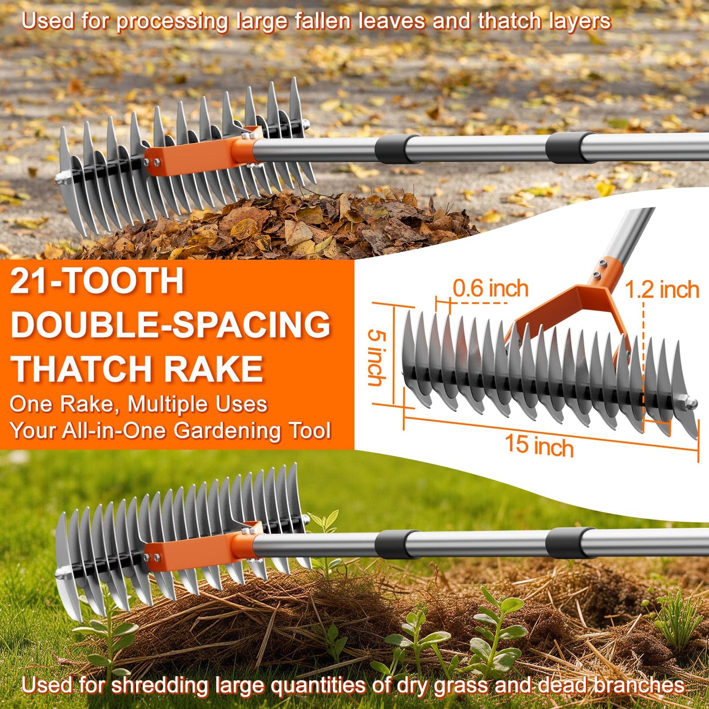 Thatch Rake for Lawn with 68" Adjustable Handle, 15" Heavy Duty Dethatcher Rake for Lawn, Thatching Rake with Dual-Action Tines, Dethatching Rake for Efficiently Removes Dead Grass, Loosens Soil