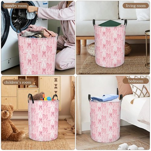 Pink Bow Laundry Basket for Women Girls, Large Canvas Collapsible Organizer Storage Basket for Nursery,Office,Toy Organizer,Home,Decor - 19.7" X 15.7 "