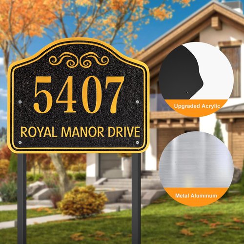 Personalized Address Sign LAWN MOUNTED - Custom House Number Sign Plaque,Address Plaque,House Address Numbers for Outside House Lawn,Yard,Ground,Garden,Bell Style with 2 Stakes