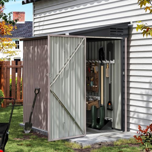 Aoxun 4x6 FT Lean to Shed Garden Metal Storage Shed with Lockable Doors Outdoor Bike Shed for Backyard, Patio, Poolside (Brown)