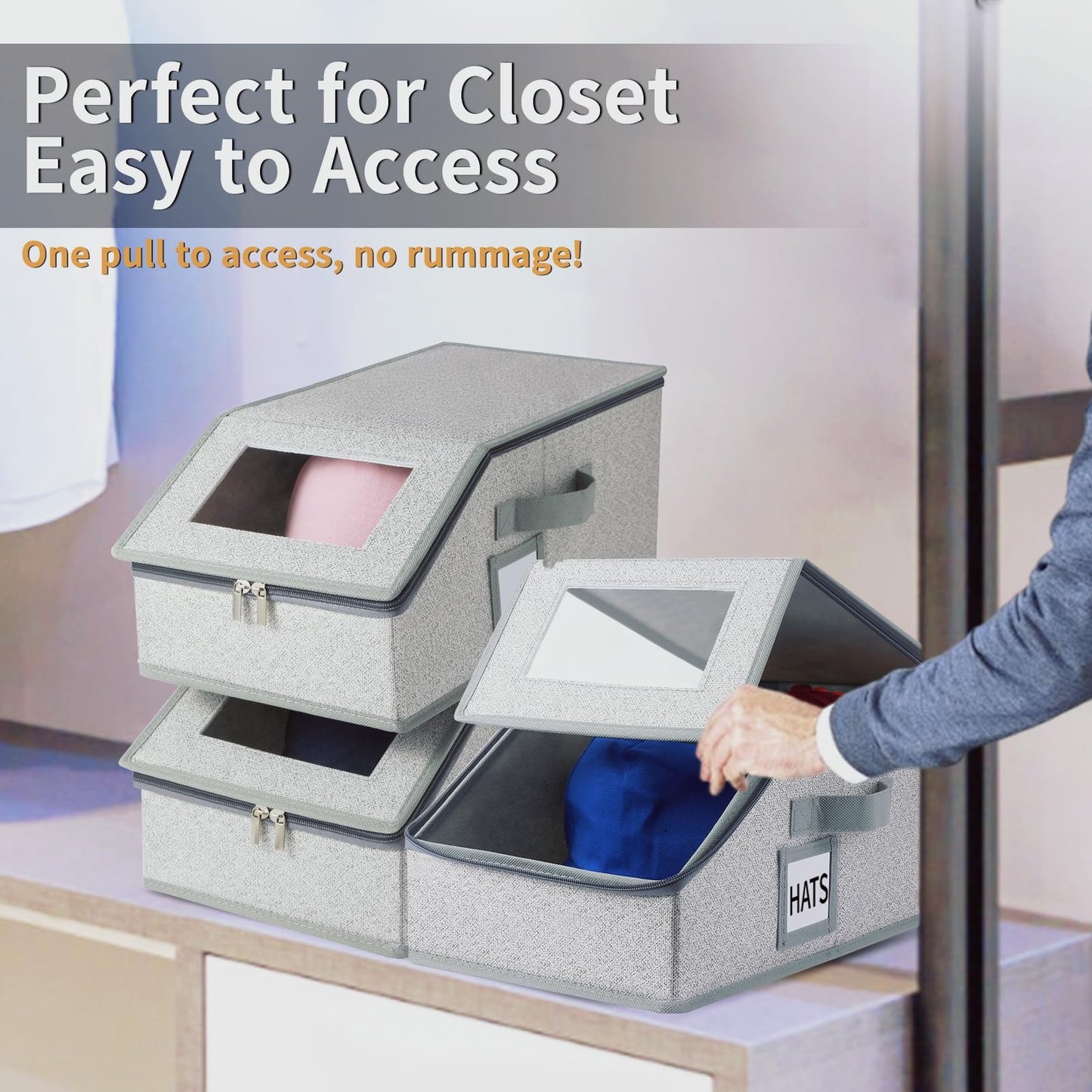 LUMESIX 2 PCS Hat Organizer for Baseball Caps Stackable HatBox Hat Rack Hold Up to 24 Caps Hat Storage for Closet with Clear Window Space-Saving Fabric Hat Holder