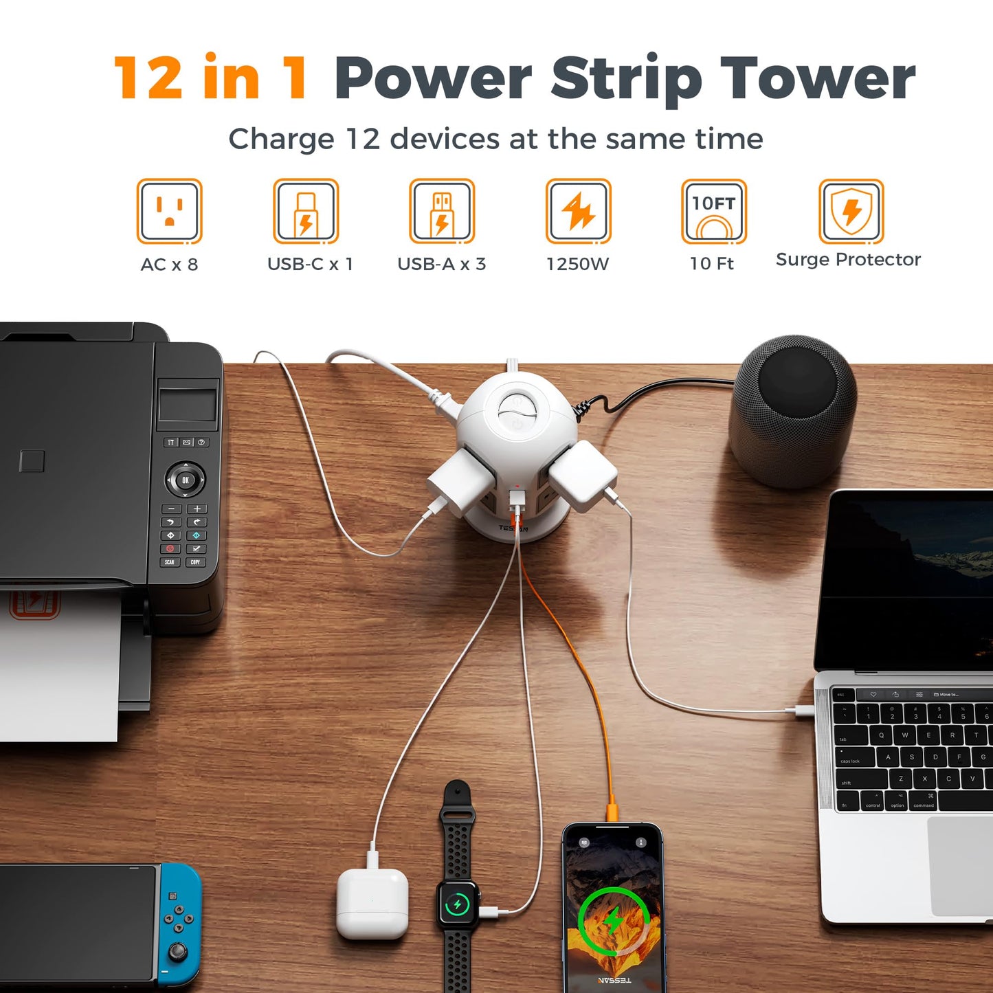 TESSAN Tower Power Strip 10 ft, Long Flat Extension Cord with Multiple Outlets, 8 AC Outlets with 4 USB Ports (1 USB C), Charging Station with, for Home Office Dorm