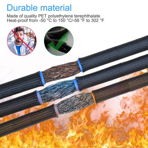 Tatuo 65.6 ft Expandable Braided Cable Sleeve Multi Size Braided Wire Sleeve with 120 Pcs Heat Shrink Tubing for Television Audio Computer Cables Video Pets,1/4 in,2/5 in,1/2 in,3/4 in(Black)